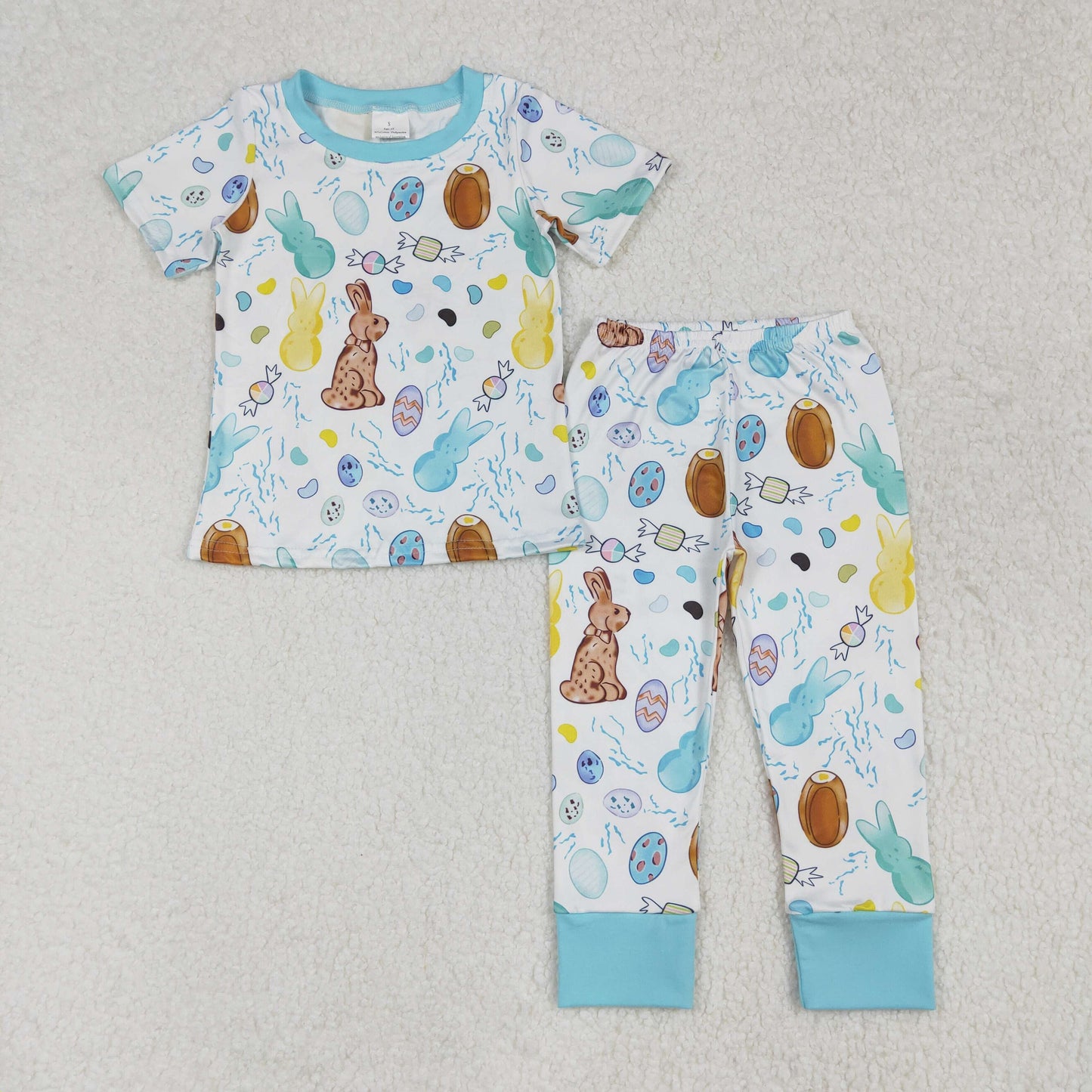 BSPO0557 Blue Bunny Eggs Print Boys Easter Pajamas Clothes Set