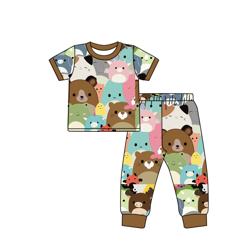 (Pre-order)BSPO0560 Cartoon Animals Brown Print Boys Pajamas Clothes Set