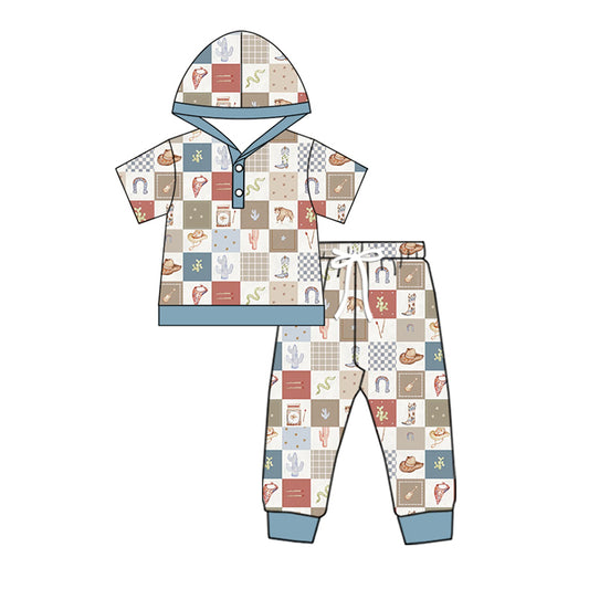 (Pre-order)BSPO0563 Boots Hat Plaid Western Print Boys Hoodie Top Clothes Set