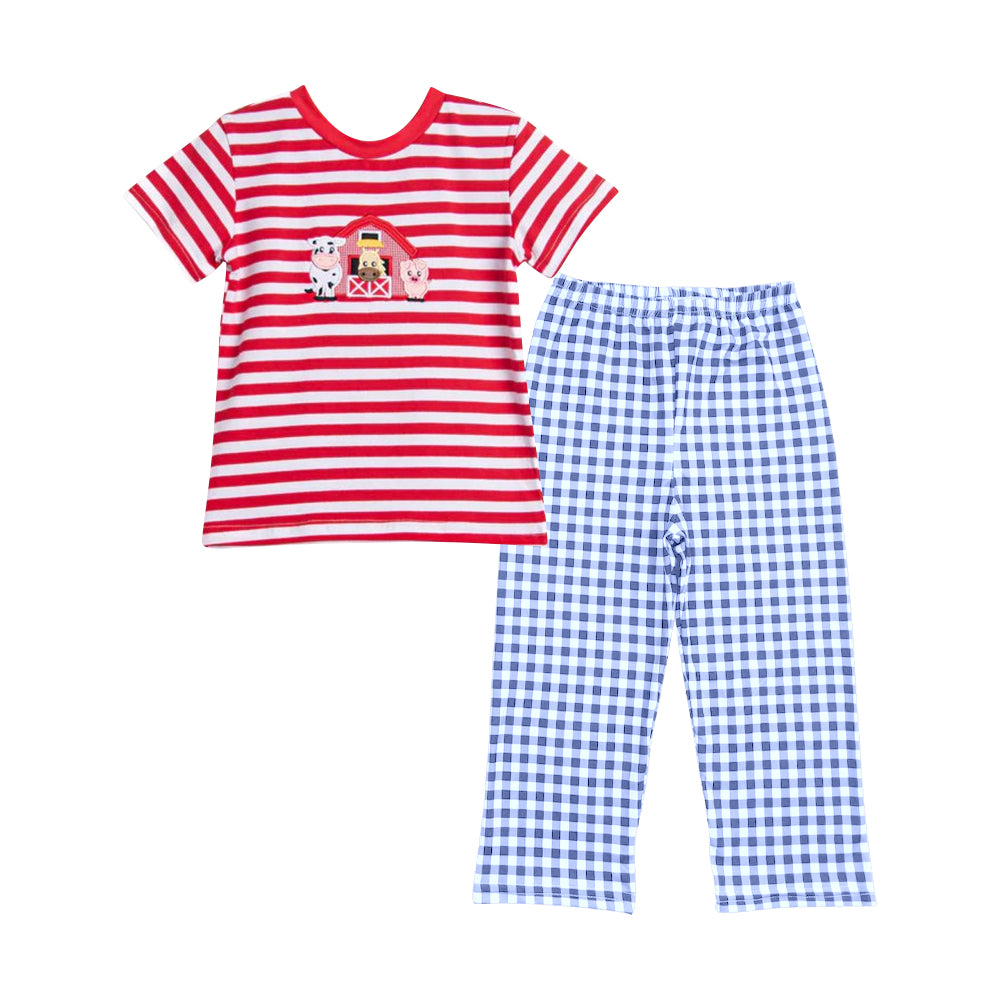 (Pre-order) BSPO0567 Farm Animals Red Stripes Top Blue Plaid Pants Boys Clothes Set