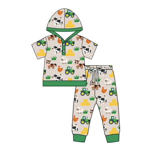 (Pre-order)BSPO0570 Farm Animals Print Boys Hoodie Clothes Set