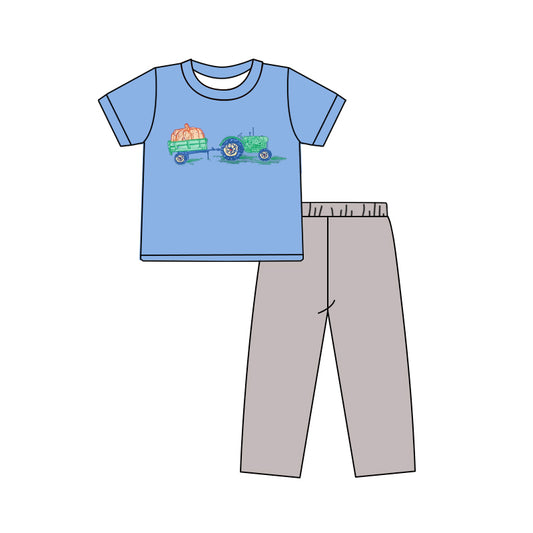 (Pre-order)BSPO0571 Tractors Pumpkin Top Grey Pants Boys Fall Clothes Set