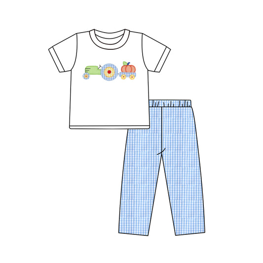 (Pre-order)BSPO0572 Tractors Pumpkin White Top Blue Plaid Pants Boys Fall Clothes Set