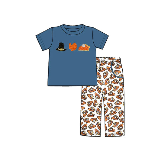 (Pre-order)BSPO0573 Turkey Blue Top Pie Pants Boys Thanksgiving Clothes Set