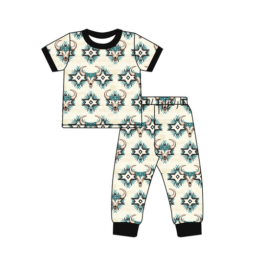 (Pre-order)BSPO0574 Cow Skull Aztec Print Boys Western Pajamas Clothes Set