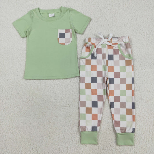 BSPO0576 Green Pocket Top Plaid Pants Boys Clothes Set