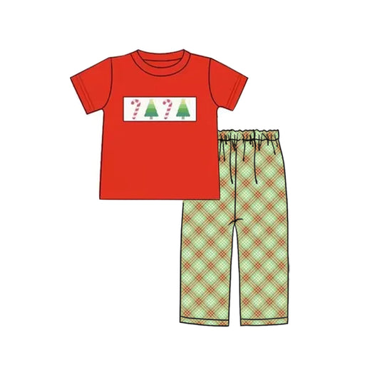 (Pre-order)BSPO0577 Candy Cane Tree Red Top Plaid Pants Boys Christmas Clothes Set