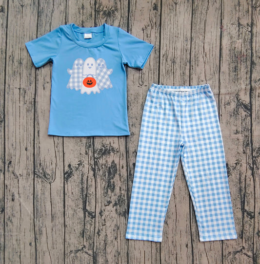 (Pre-order)BSPO0581 Spooky Blue Top Plaid Pants Boys Halloween Clothes Set