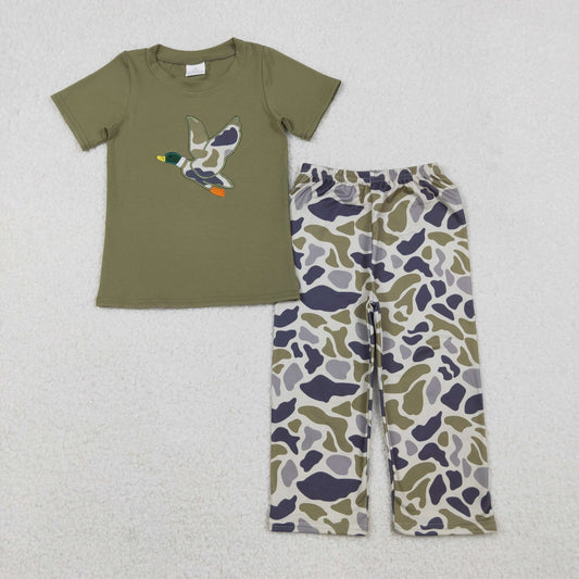 BSPO0583 Duck Embroidery Green Top Camo Pants Boys Hunting Clothes Set