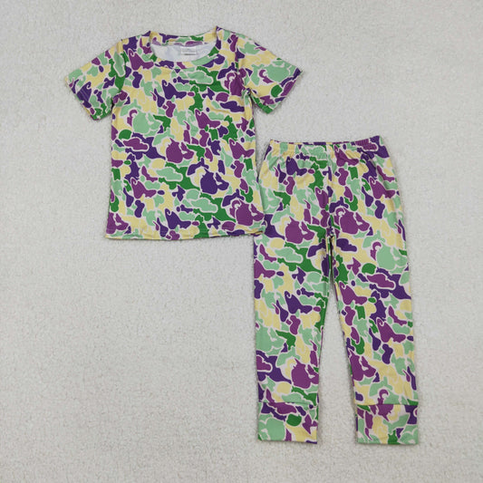 BSPO0584 Purple Green Camo Print Kids Mardi Gras Pajamas Clothes Set