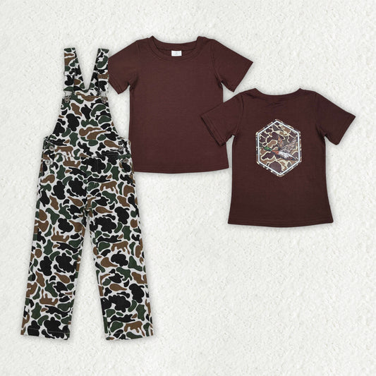 BSPO0585 Duck Brown Top Camo Denim Suspender Overall Jumpsuit Boys Fall Hunting Clothes Set