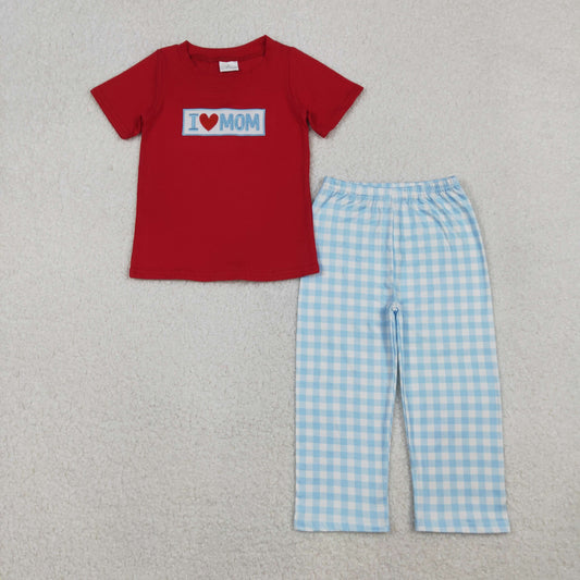 BSPO0588 I LOVE MOM Embroidery Red Top Plaid Pants Boys Clothes Set