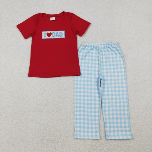 BSPO0589 I LOVE DAD Embroidery Red Top Blue Plaid Pants Boys Clothes Set