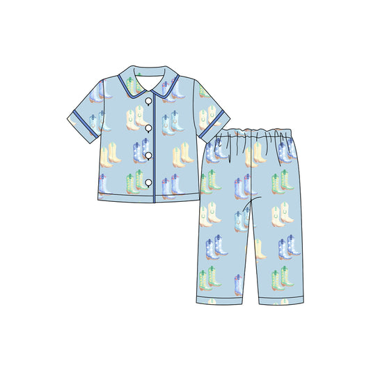 (Pre-order)BSPO0591 Boots Blue Print Boys Buttons Pajamas Clothes Set