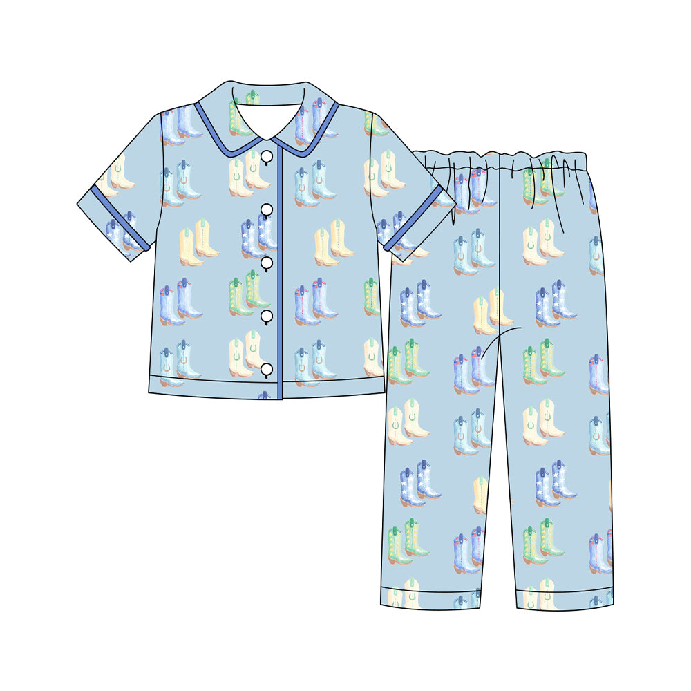 (Pre-order)BSPO0592 Adult Boots Blue Print Man Buttons Pajamas Clothes Set