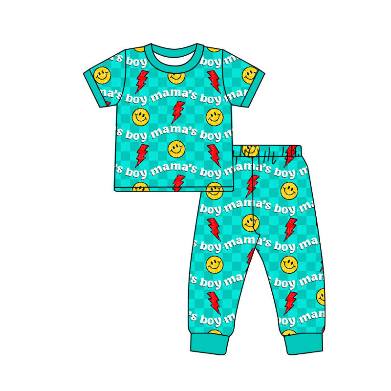 (Pre-order)BSPO0593 MAMA'S BOY Smiling Face Plaid Print Boys Pajamas Clothes Set