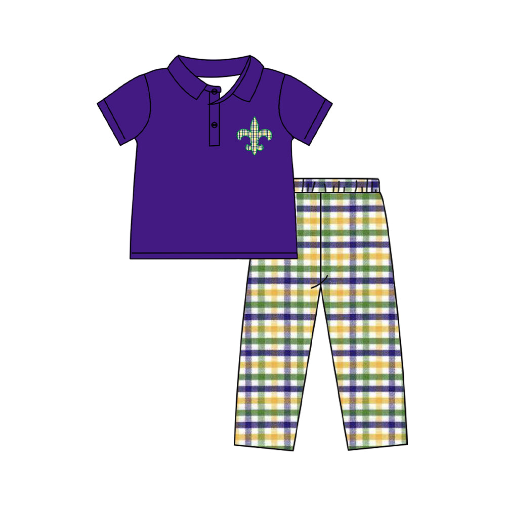 (Pre-order)BSPO0594 Anchor Purple Polo Top Plaid Pants Boys Mardi Gras Clothes Set