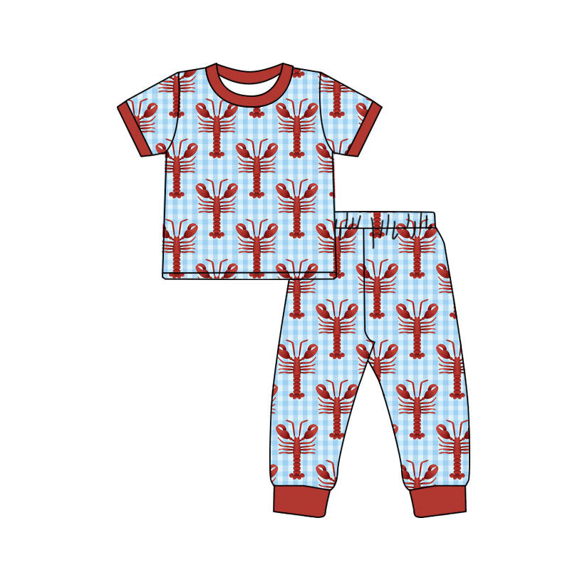 (Pre-order)BSPO0596  Crayfish Plaid Print Boys Pajamas Clothes Set