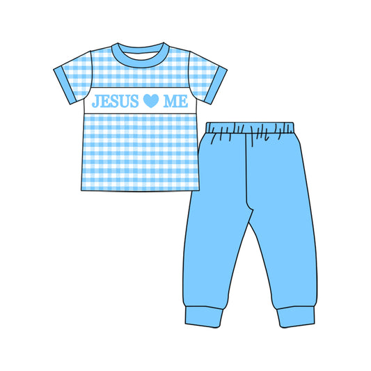 (Pre-order)BSPO0600 Jesus Loves Me Plaid Top Blue Pants Boys Easter Clothes Set