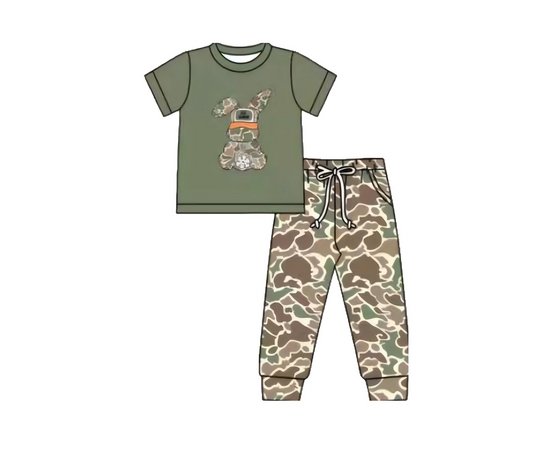 (Pre-order)BSPO0608 Bunny Green Top Camo Pants Boys Easter Clothes Set