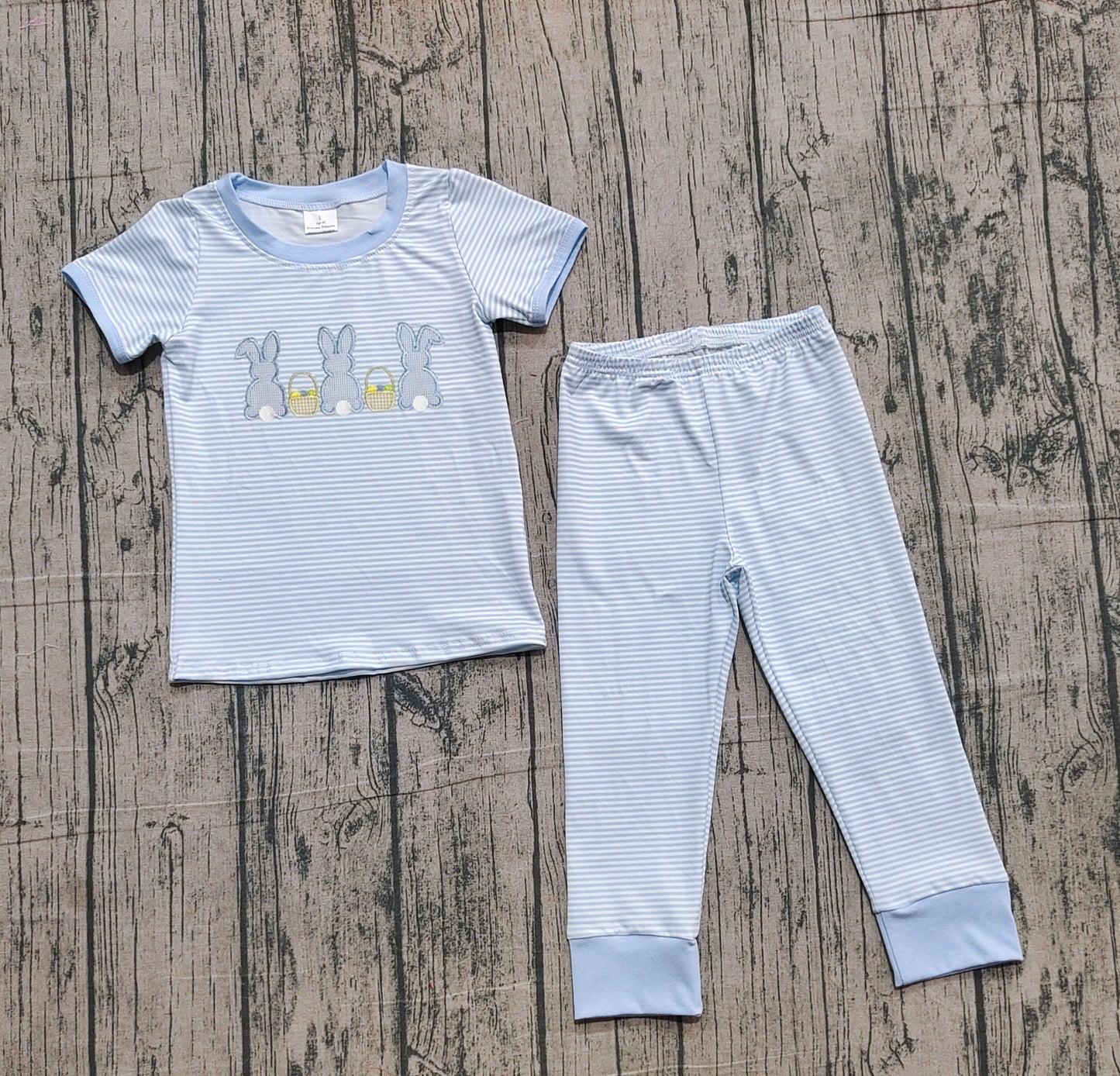 (Pre-order)BSPO0610 Bunny Stripes Blue Print Boys Easter Clothes Set