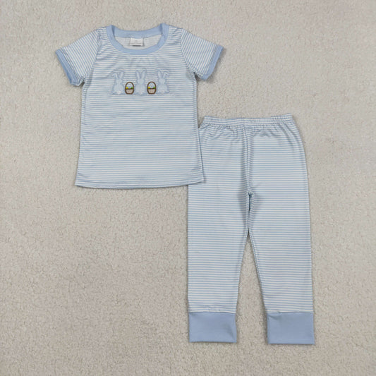 BSPO0610 Bunny Embroidery Top Blue Stripes Pants Boys Easter Pajamas Clothes Set