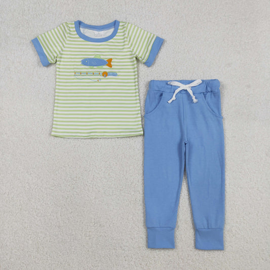 BSPO0612 Fishing Embroidery Stripes Top Blue Pocket Pants Boys Clothes Set