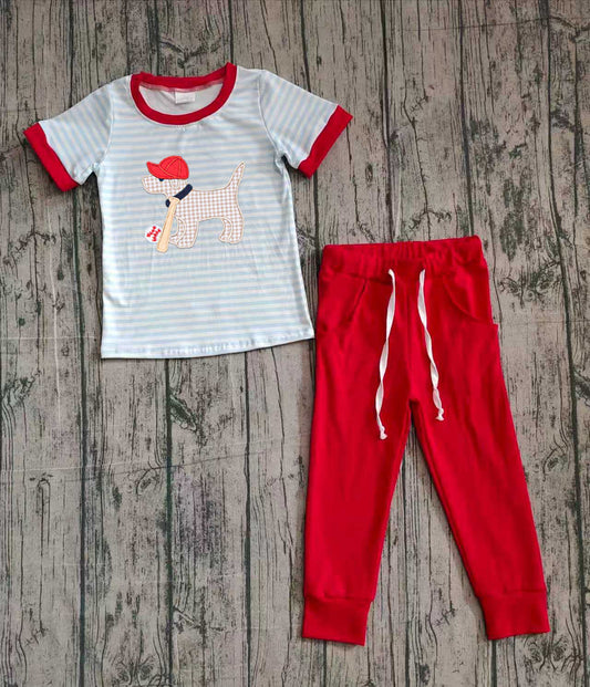 (Pre-order)BSPO0613 Baseball Dog Stripes Top Red Pants Boys Clothes Set