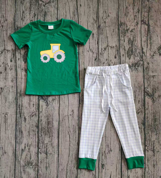 (Pre-order)BSPO0615 Tractor Green Top Plaid Pants Boys Clothes Set