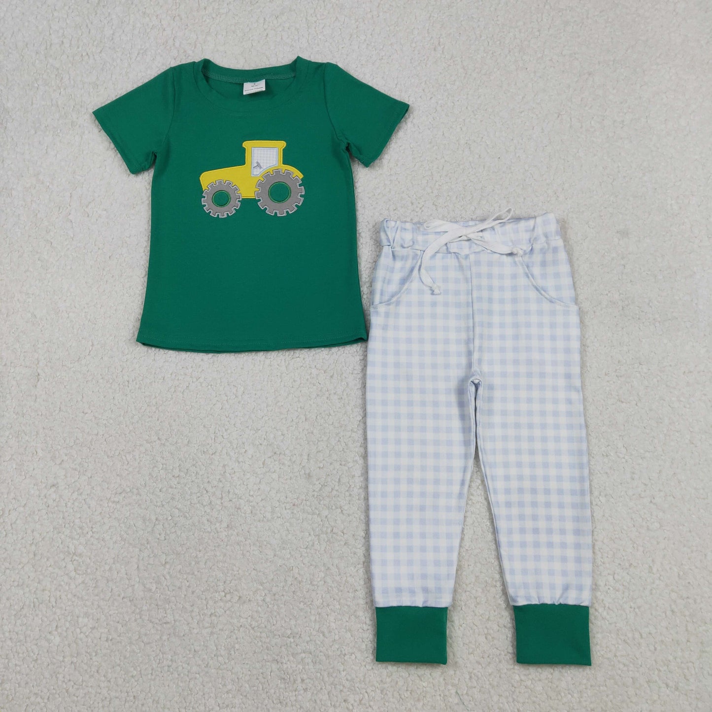 BSPO0615 Tractor Embroidery Green Top Plaid Pants Boys Clothes Set