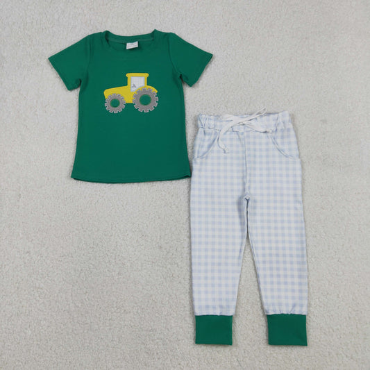 BSPO0615 Tractor Embroidery Green Top Plaid Pants Boys Clothes Set