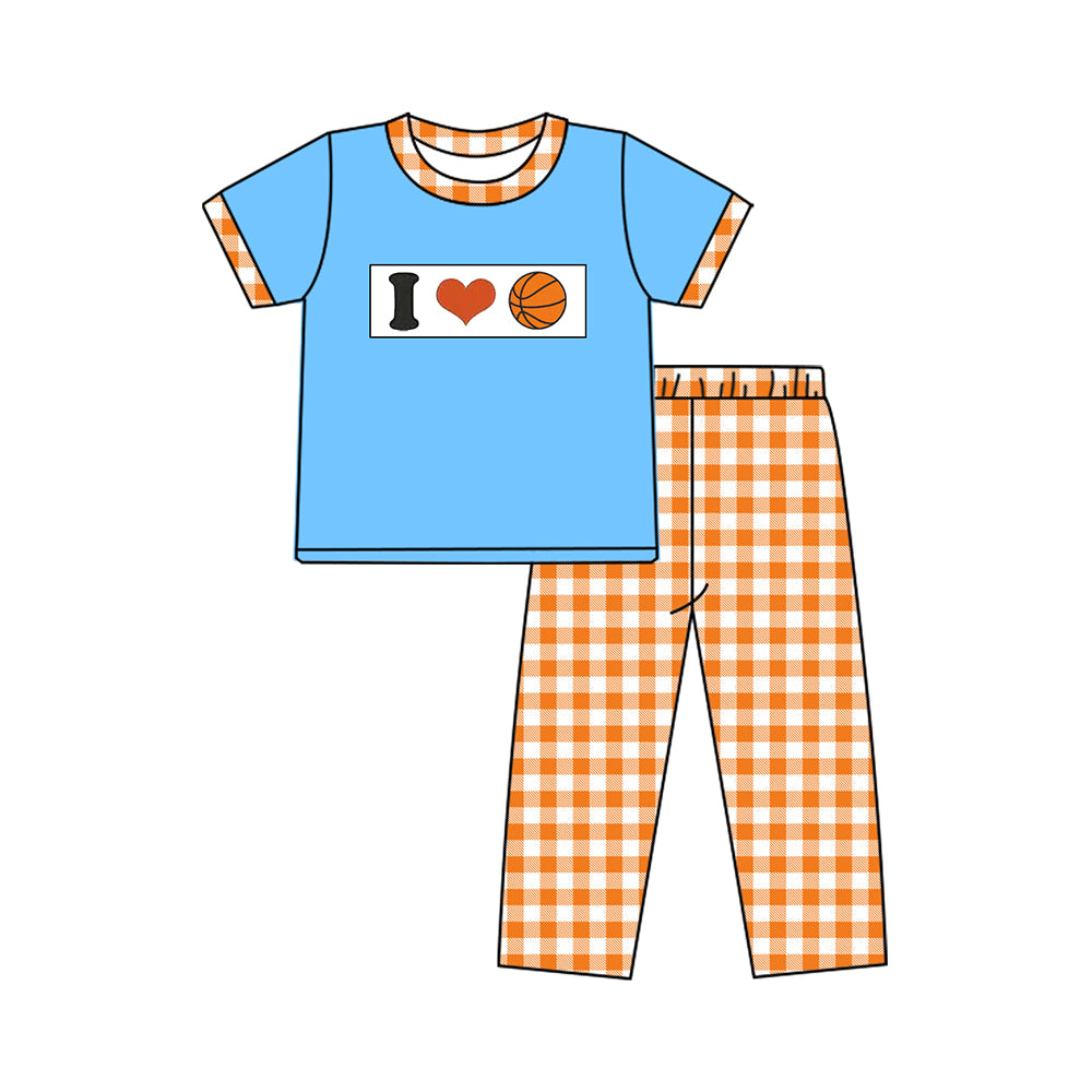 (Pre-order)BSPO0619 I LOVE Basketball Blue Top Plaid Pants Boys Clothes Set