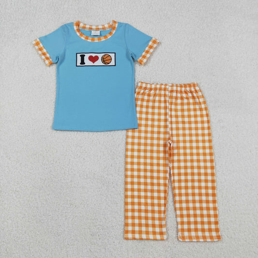 BSPO0619 I LOVE Basketball Embroidery Blue Top Plaid Pants Boys Clothes Set
