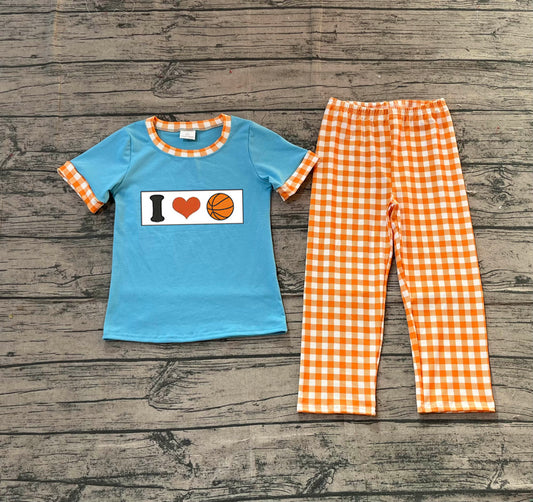 (Pre-order)BSPO0619 I LOVE Basketball Blue Top Plaid Pants Boys Clothes Set