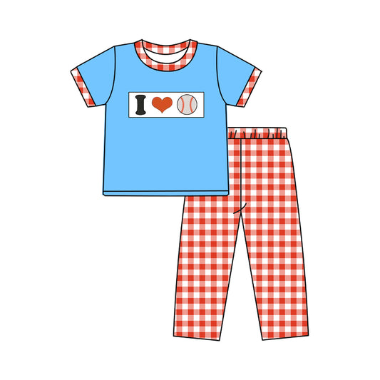 (Pre-order)BSPO0620 I LOVE Baseball Blue Top Plaid Pants Boys Clothes Set