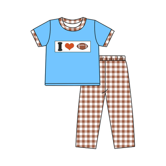 (Pre-order)BSPO0621 I LOVE Football Blue Top Plaid Pants Boys Clothes Set