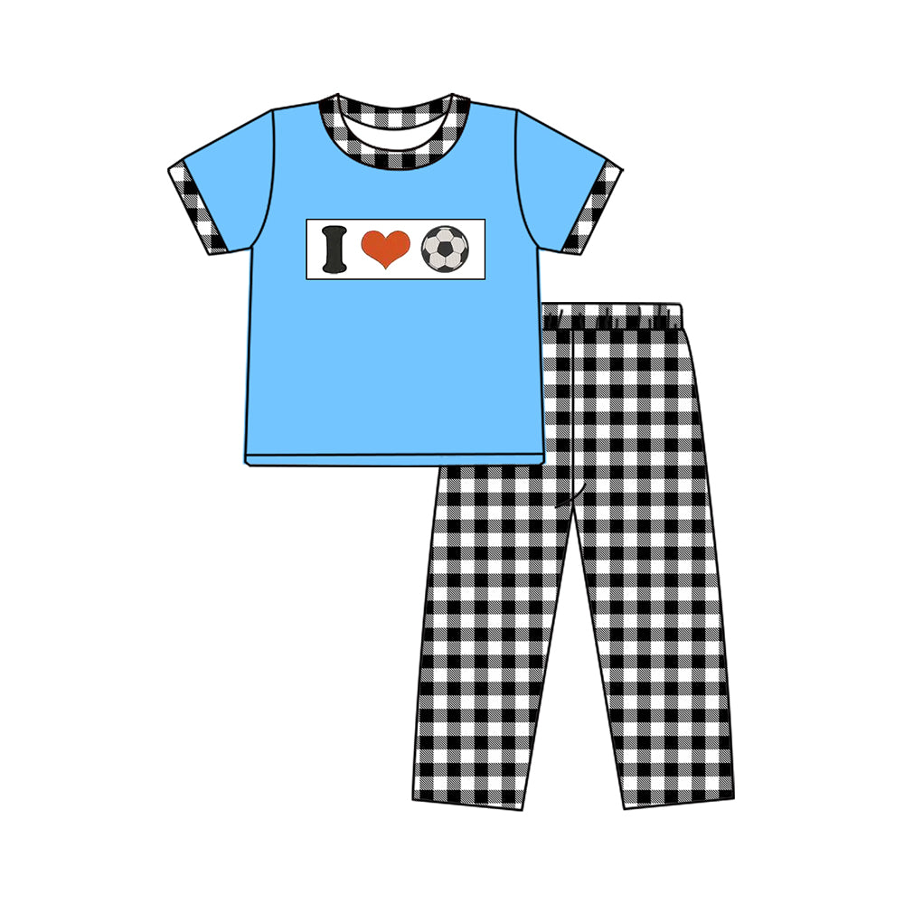 (Pre-order)BSPO0622 I LOVE Soccer Blue Top Plaid Pants Boys Clothes Set
