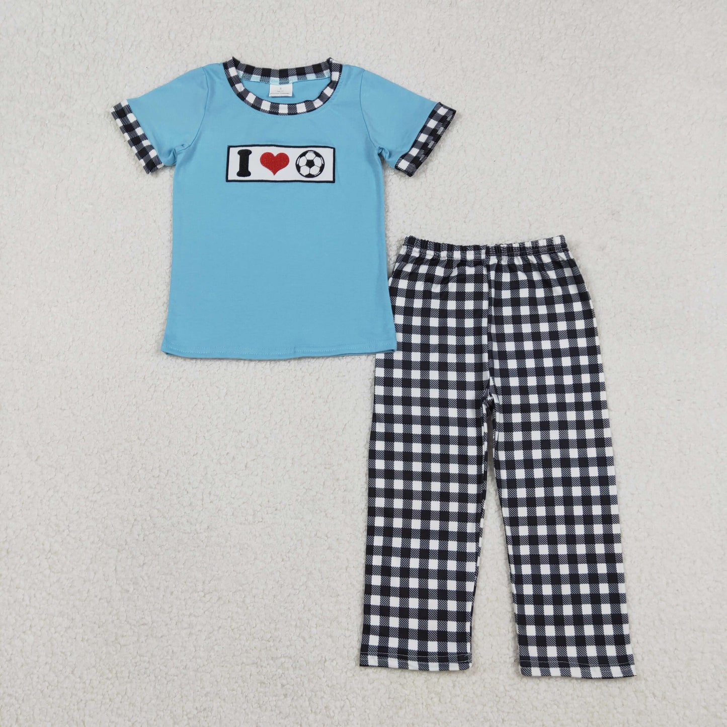 BSPO0622 I LOVE Soccer Embroidery Blue Top Plaid Pants Boys Clothes Set