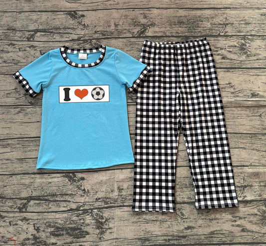 (Pre-order)BSPO0622 I LOVE Soccer Blue Top Plaid Pants Boys Clothes Set