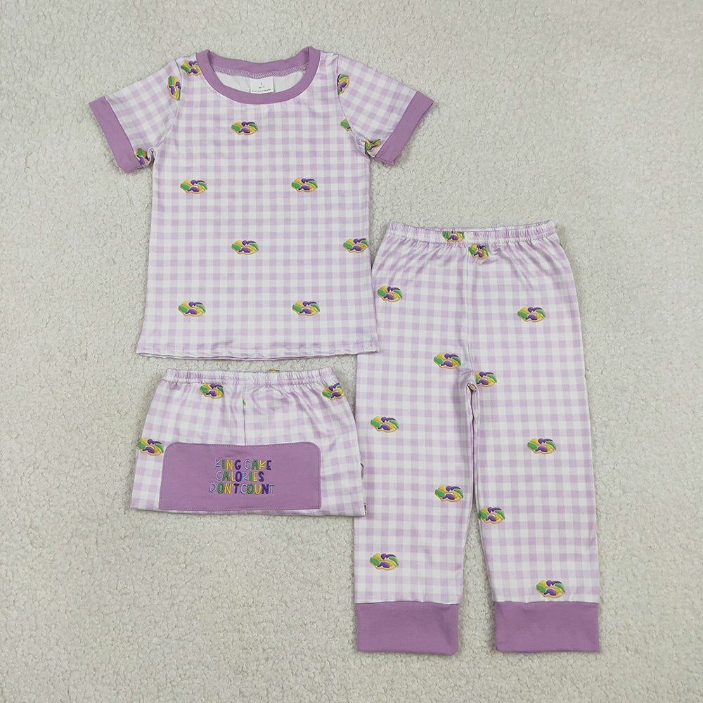 BSPO0630 Donut Embroidery Purple Plaid Print Kids Mardi Gras Pajamas Clothes Set