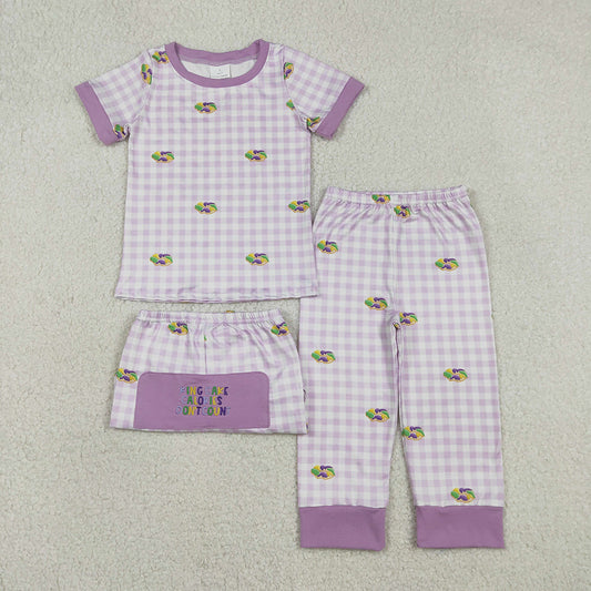 BSPO0630 Donut Embroidery Purple Plaid Print Kids Mardi Gras Pajamas Clothes Set