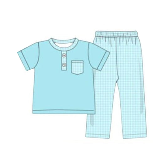 (Pre-order)BSPO0666  Blue Pocket Top Plaid Pants Boys Clothes Set
