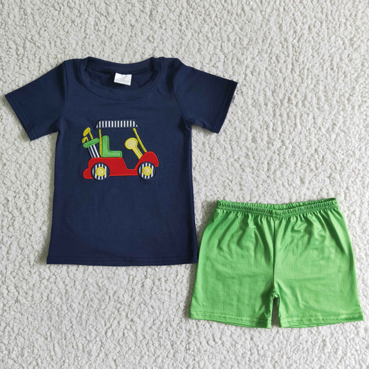 (Promotion)Boys summer golf truck embroidery outfits  BSSO0030