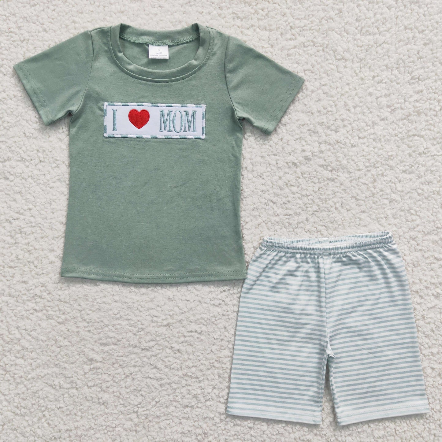 I LOVE MOM Embroidery Green Print Sibling Mother's Day Matching Clothes