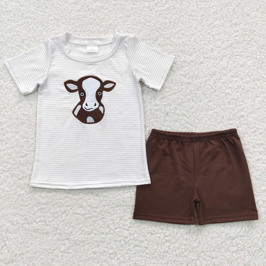 BSSO0218 Boys brown cow embroidery summer shorts outfits