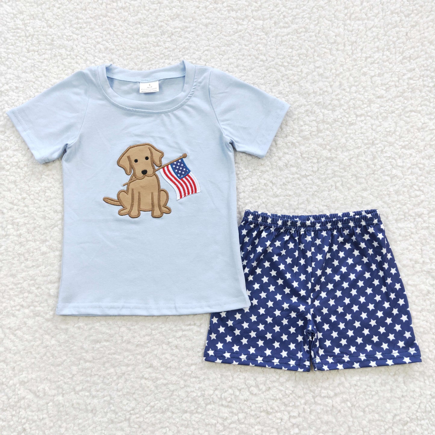 BSSO0227  Boys blue cotton dog flag embroidery top star shorts 4th of July clothes set