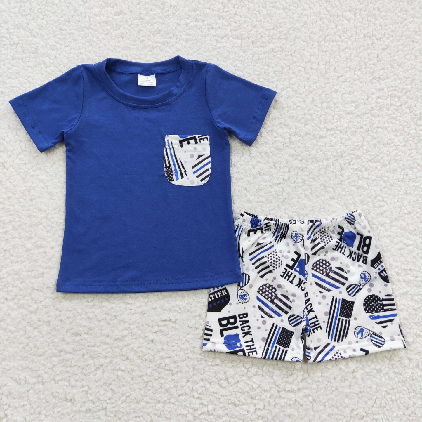 BSSO0242 Boys blue cotton pocket top flag print summer outfits