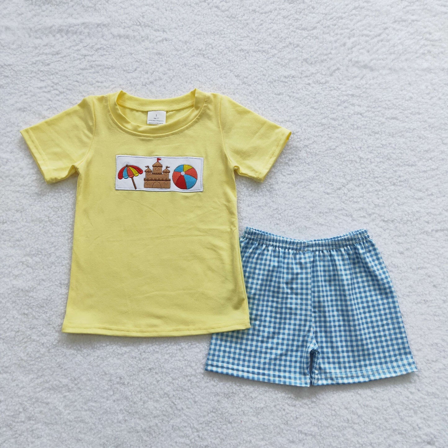 BSSO0248 Boys yellow cotton top blue plaid shorts embroidery summer outfits