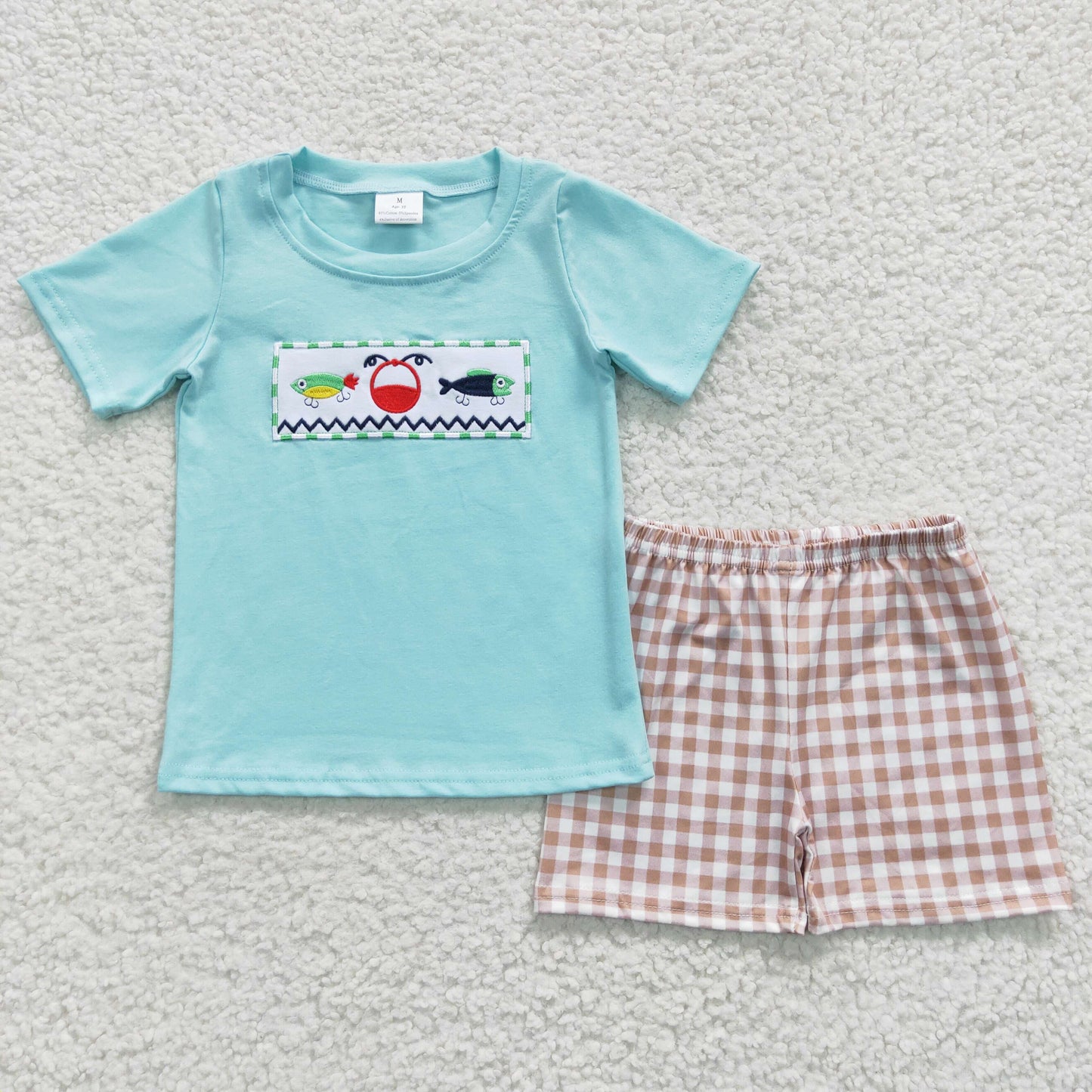 BSSO0262 Boys blue cotton fishing embroidery summer outfits