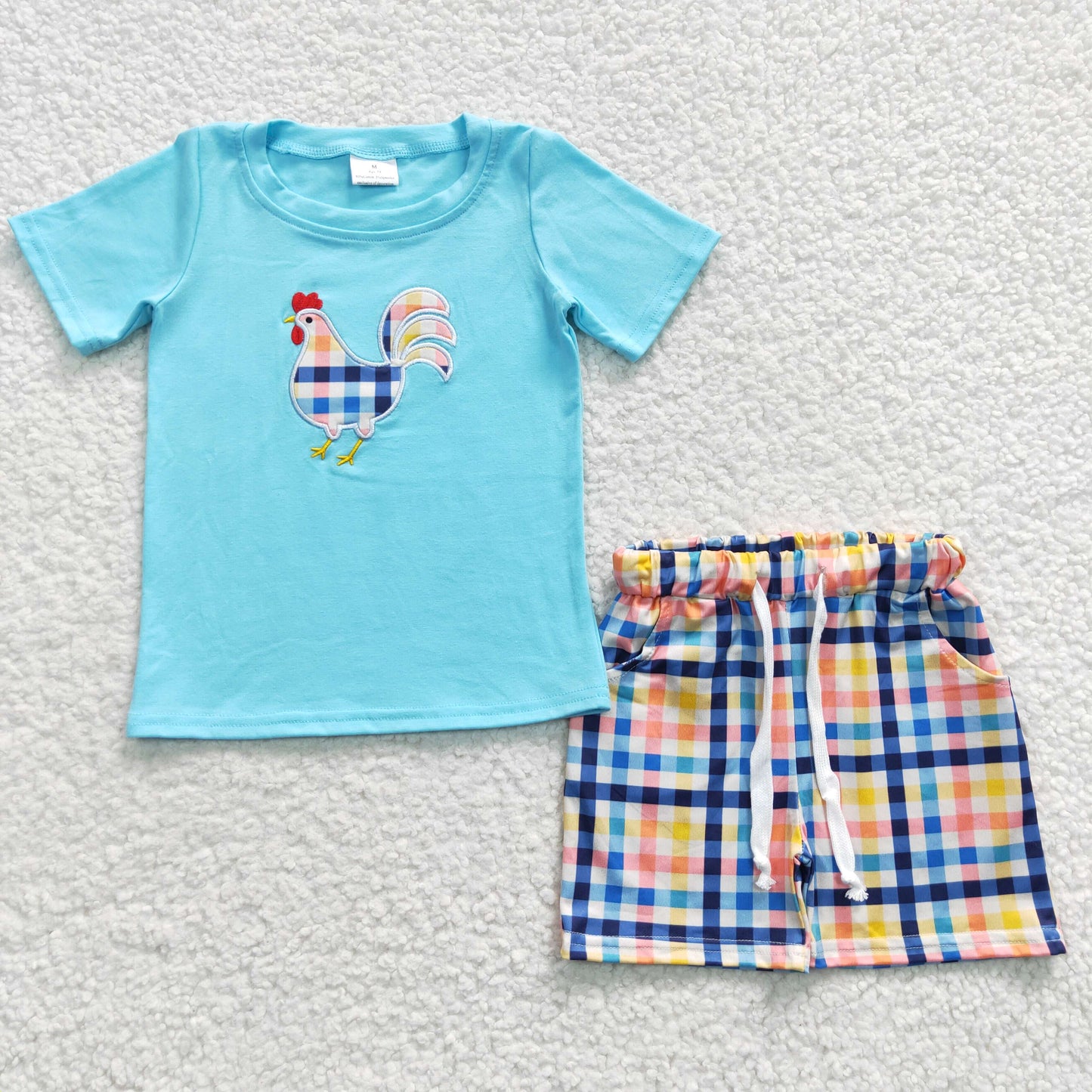 Boys chicken embroidery cotton top colorful plaid shorts summer outfits BSSO0270